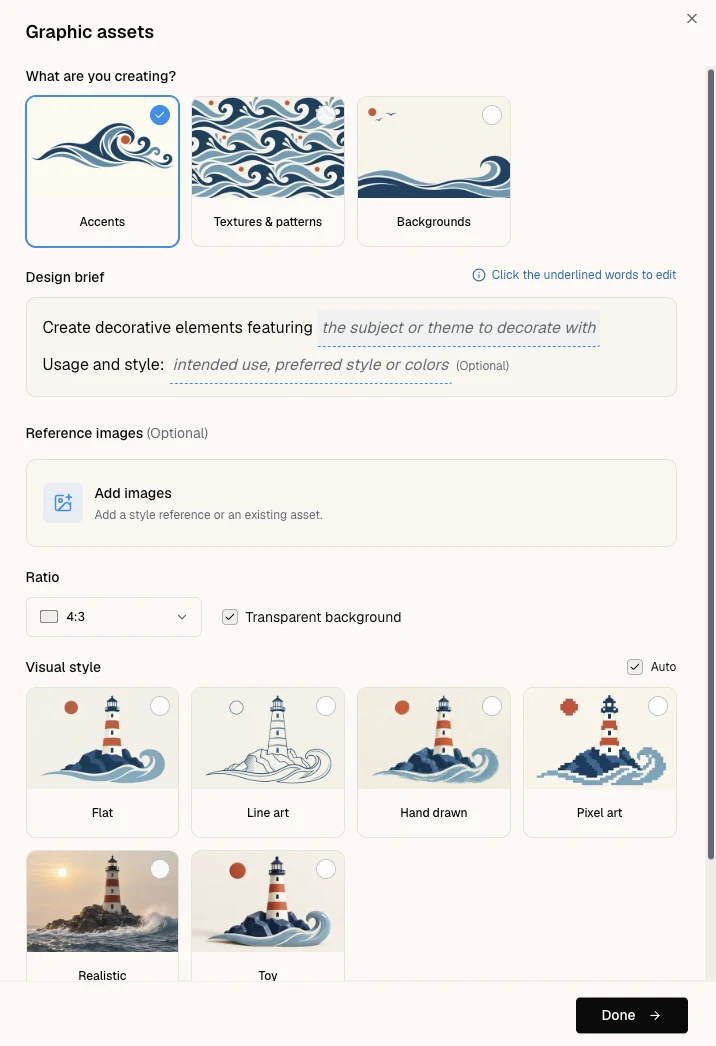 Sharper Graphic assets brief with choices for accents, textures and patterns, backgrounds, ratio, transparency, and visual style