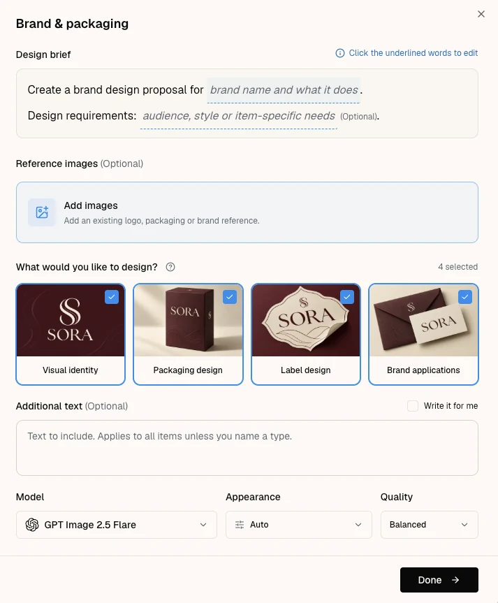 Sharper Brand and packaging brief with fields for brand requirements, references, proposal types, text, model, appearance, and quality
