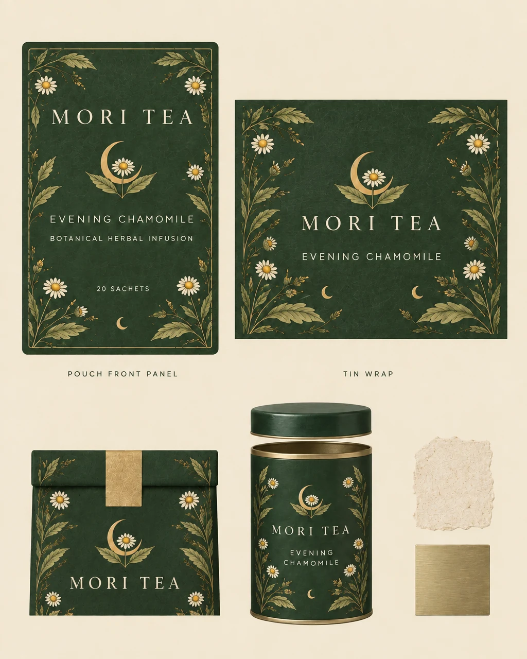 Mori Tea supporting packaging board with pouch front panel, tea-tin wrap, rear pouch construction, tin mockup, and material swatches