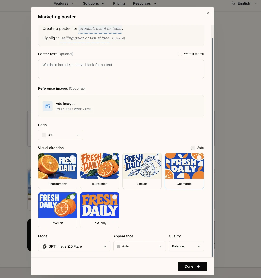 Sharper marketing poster dialog with fields for the subject, selling point, poster text, reference images, ratio, and visual direction
