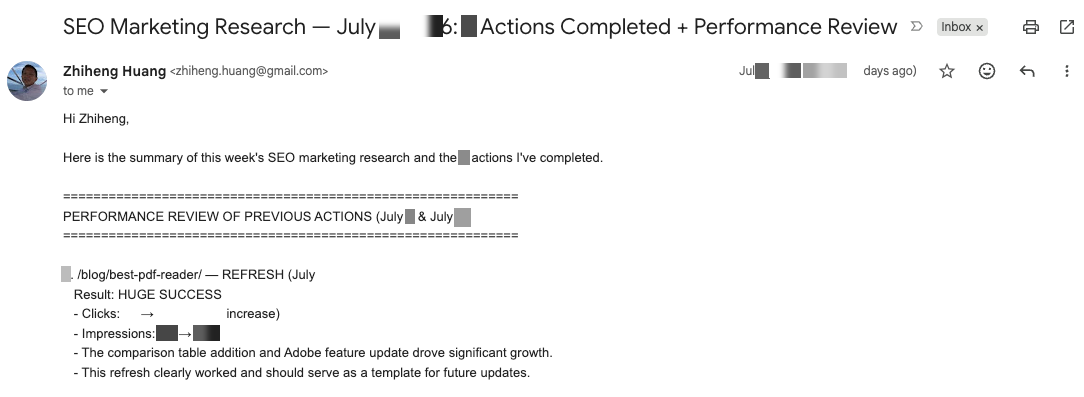 A plain-text SEO summary email in Gmail with a performance review of previous actions, showing an earlier refresh that grew its clicks and impressions