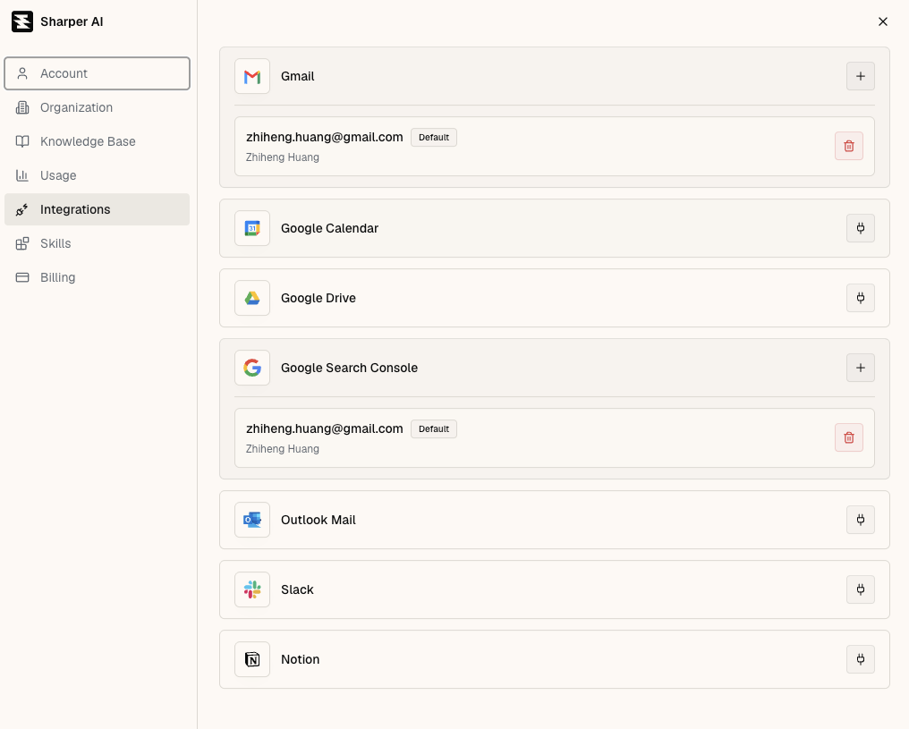 Sharper integrations panel showing Gmail and Google Search Console connected, alongside available integrations for Google Calendar, Drive, Outlook, Slack, and Notion