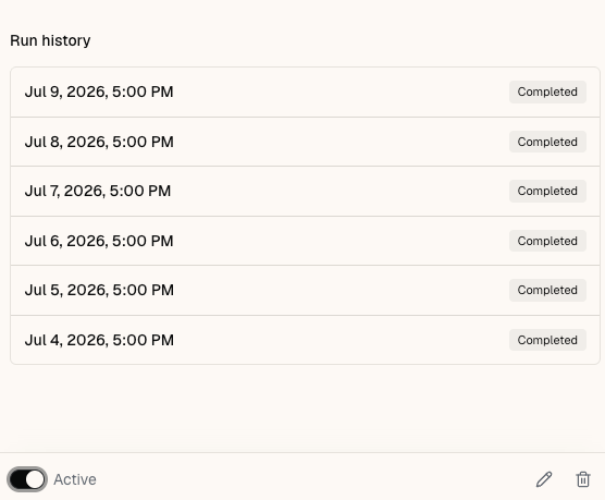 Run history showing six consecutive daily runs, all completed