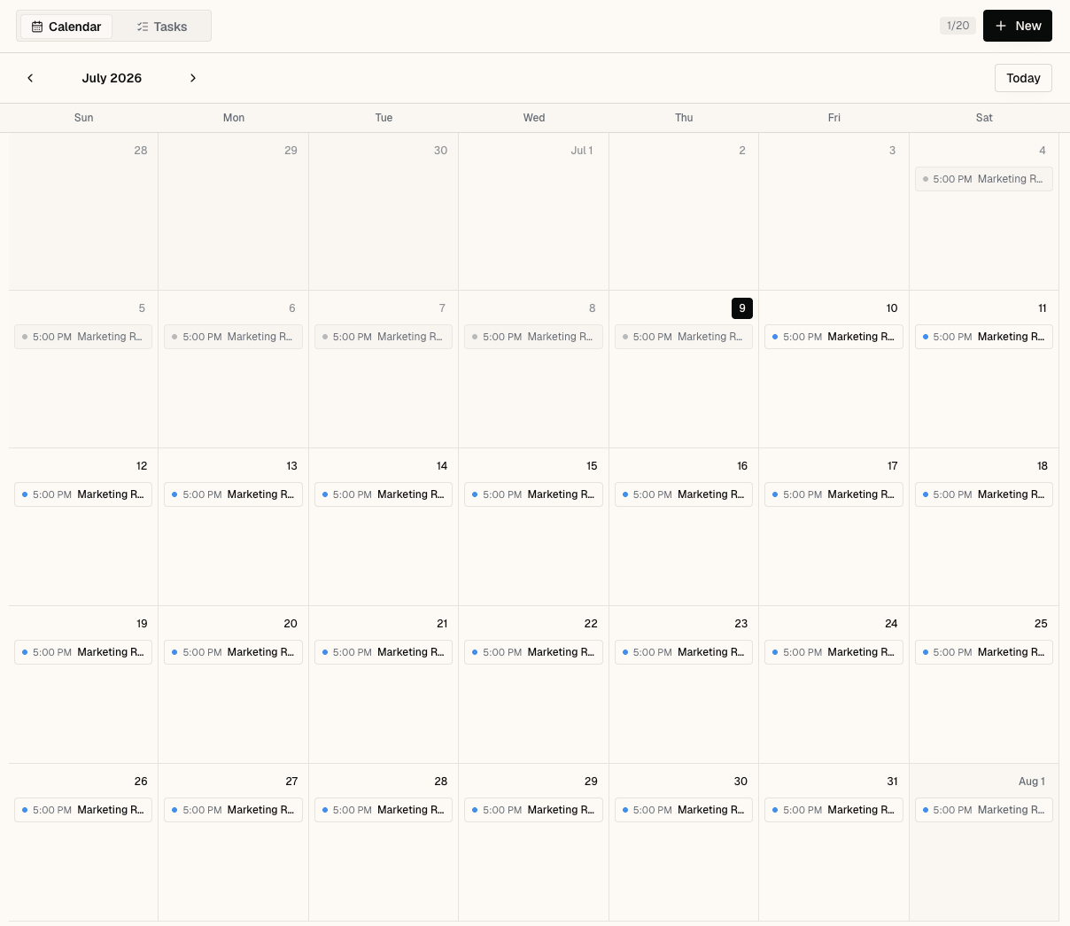 Calendar view in Sharper showing the Marketing Research task scheduled at 5:00 PM every day across the month