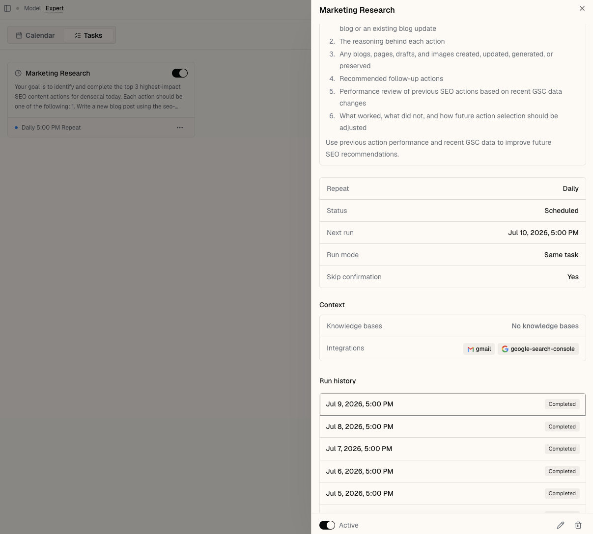 Sharper scheduled task detail for the daily SEO job showing Repeat: Daily, Status: Scheduled, the next run time, gmail and google-search-console integrations, skip confirmation on, and a history of completed runs
