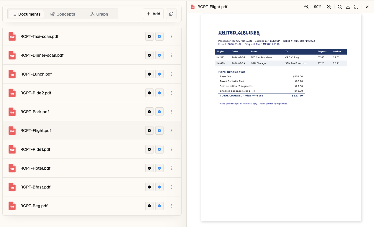 Sharper documents view listing every uploaded trip receipt, with the United flight receipt open in the preview pane
