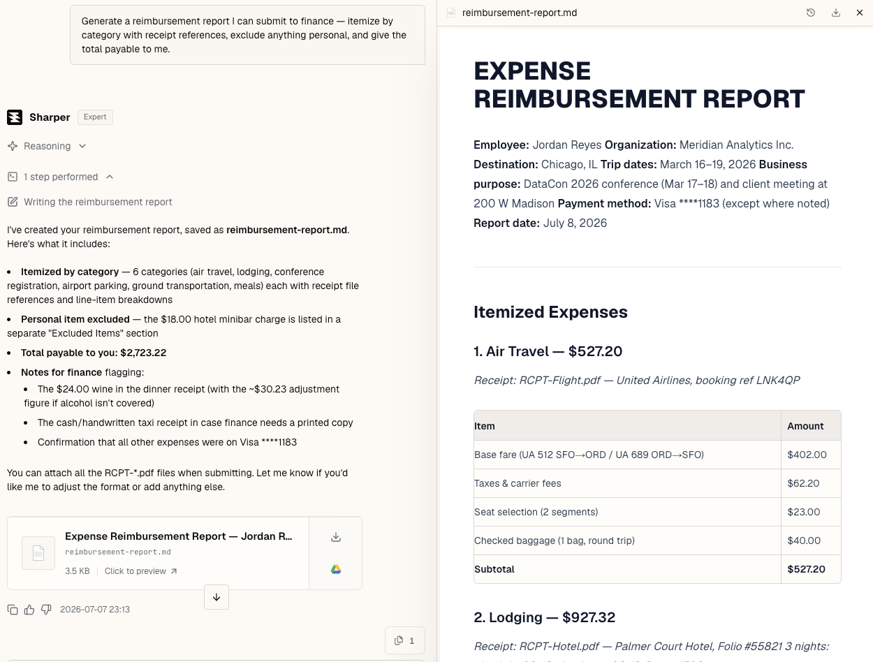Sharper's generated expense reimbursement report itemized by category with receipt references, an excluded-items section for the personal minibar, and a total payable of $2,723.22