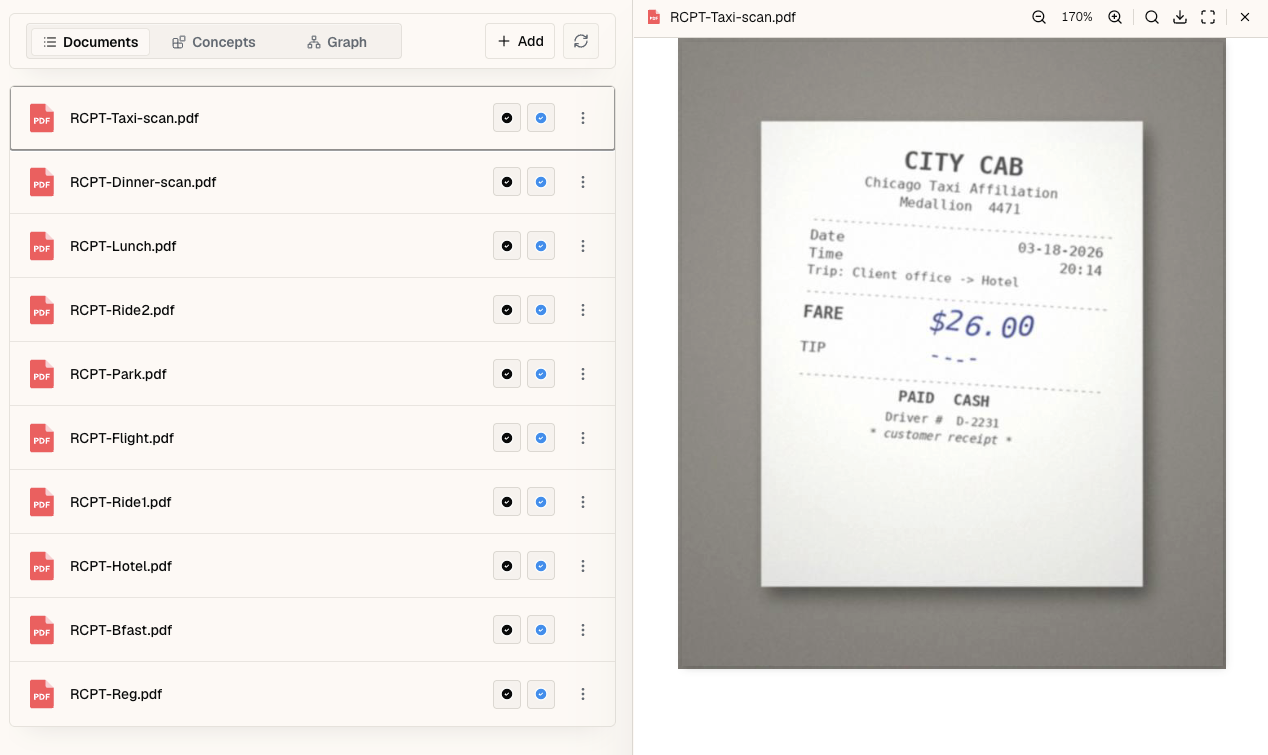 Sharper preview of a photographed City Cab taxi receipt showing a $26.00 cash fare, with Sharper reading the scanned image