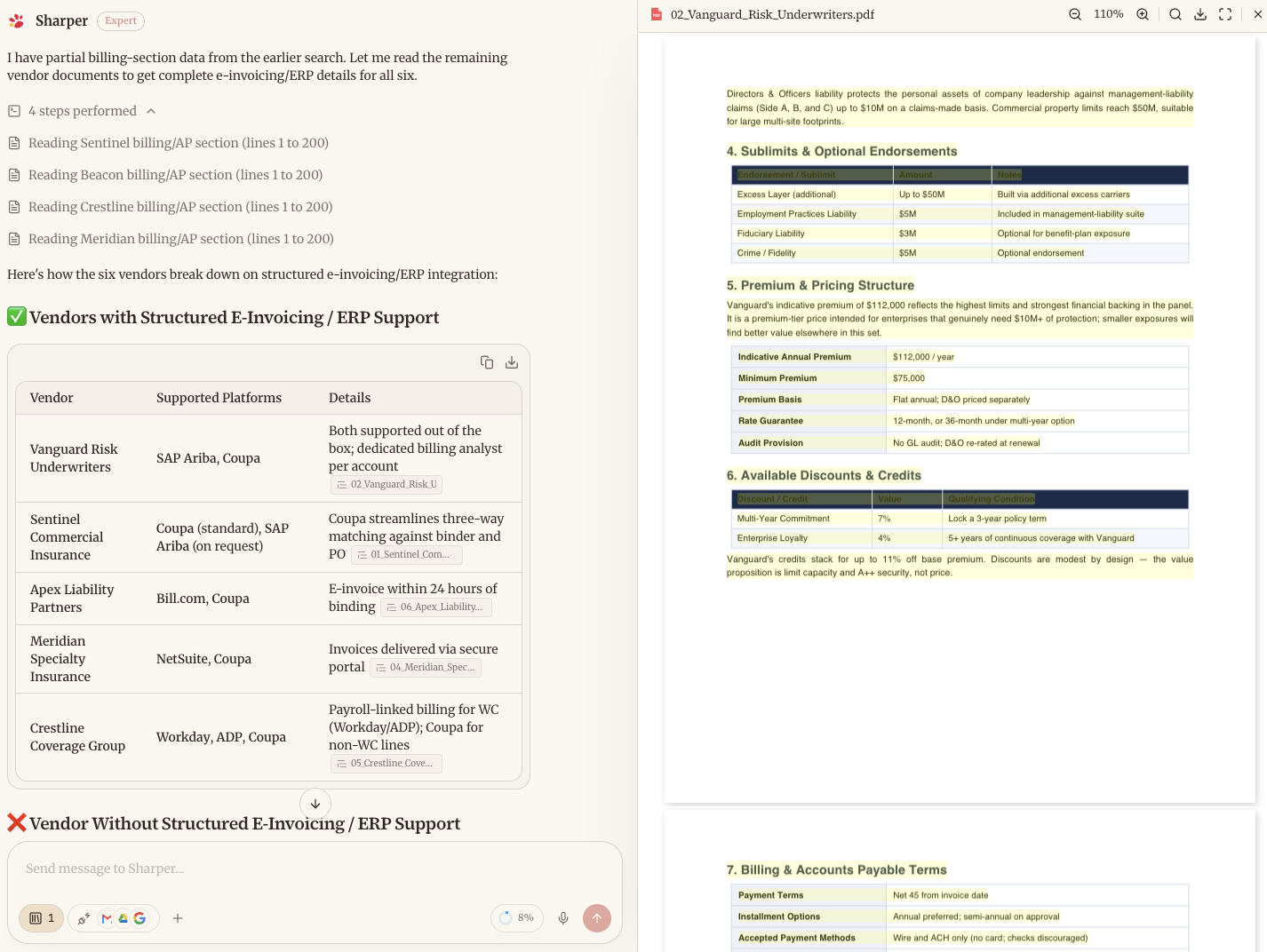 Sharper answering an integration-support question with two comparison tables: vendors with structured e-invoicing/ERP support and vendors without, each cited
