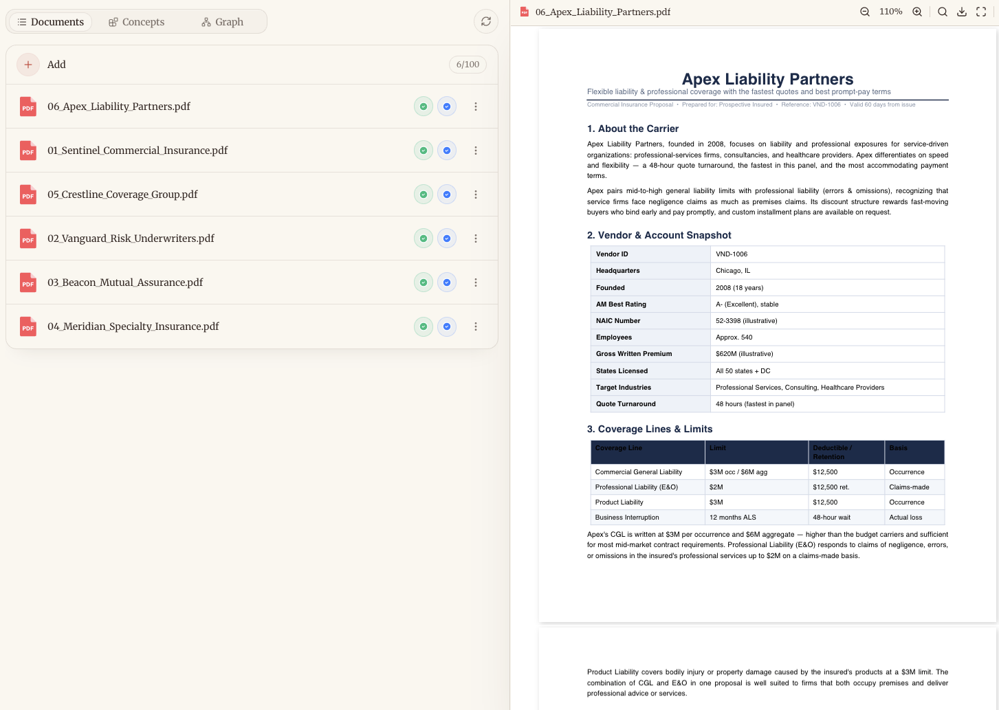Sharper Documents view showing six uploaded insurance vendor PDFs with one open in the reader pane