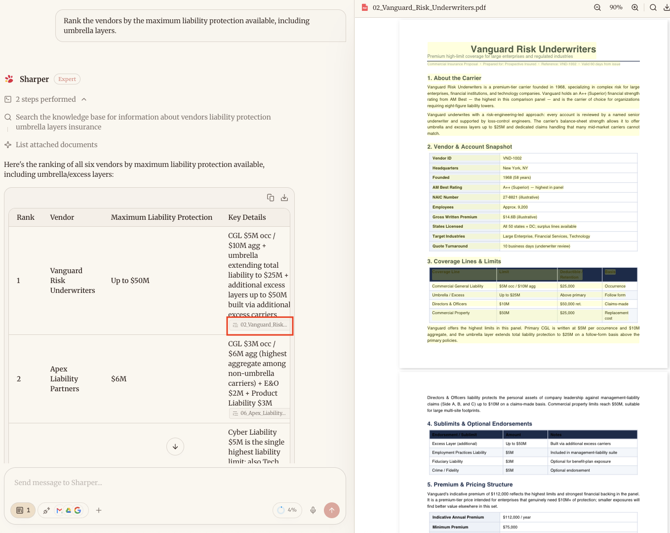 Sharper answering a liability-ranking question with a ranked vendor table and inline citations, source PDF open alongside