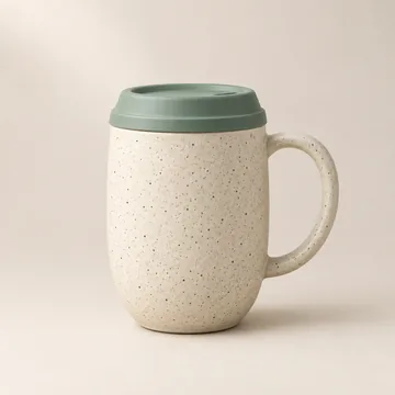 Clean ecommerce product image of a cream speckled ceramic travel mug with a sage-green lid on a neutral background