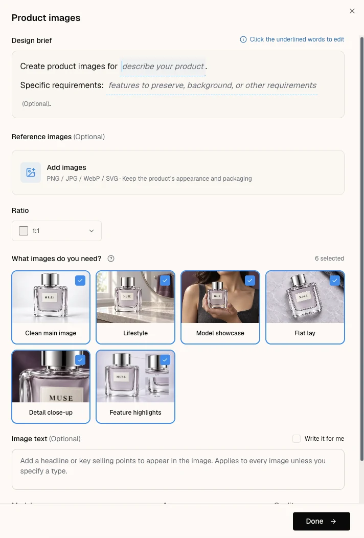 Sharper Product images dialog with the design brief, reference-image upload, ratio control, six output types, and image-text field