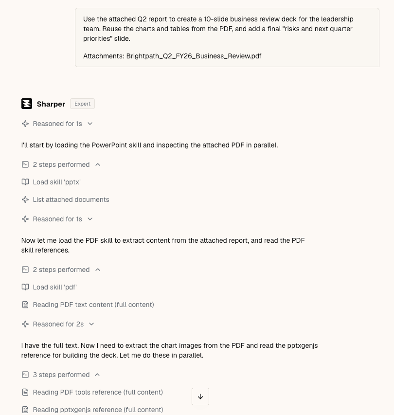 Sharper loading the PowerPoint and PDF skills, listing the attached report, and reading its full content