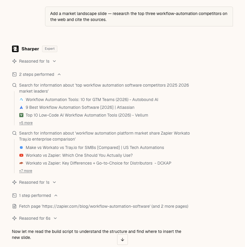 Sharper searching the web for workflow automation competitors and fetching comparison pages before building the slide