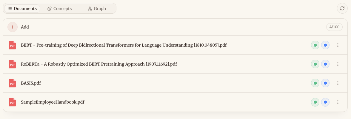 Sharper document view listing BERT, RoBERTa, BASIS, and SampleEmployeeHandbook PDFs