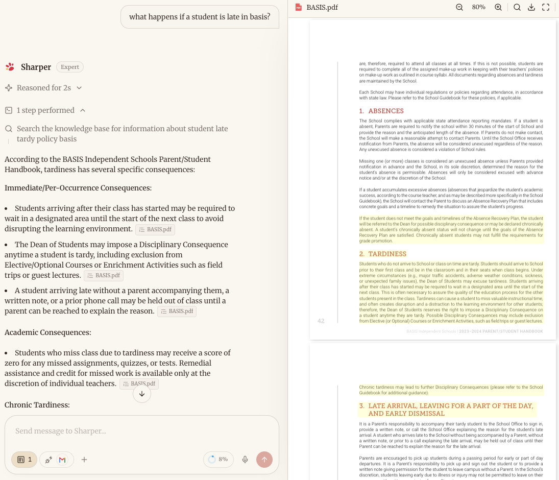 Sharper answering what happens if a student is late in BASIS with BASIS handbook source highlighted
