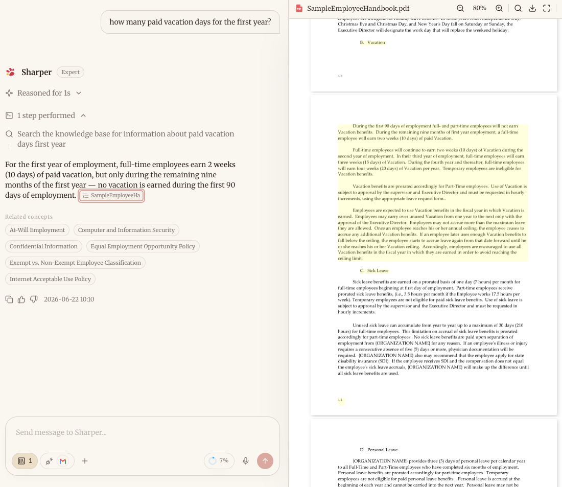 Sharper answer about first-year paid vacation days with the source employee handbook highlighted beside it
