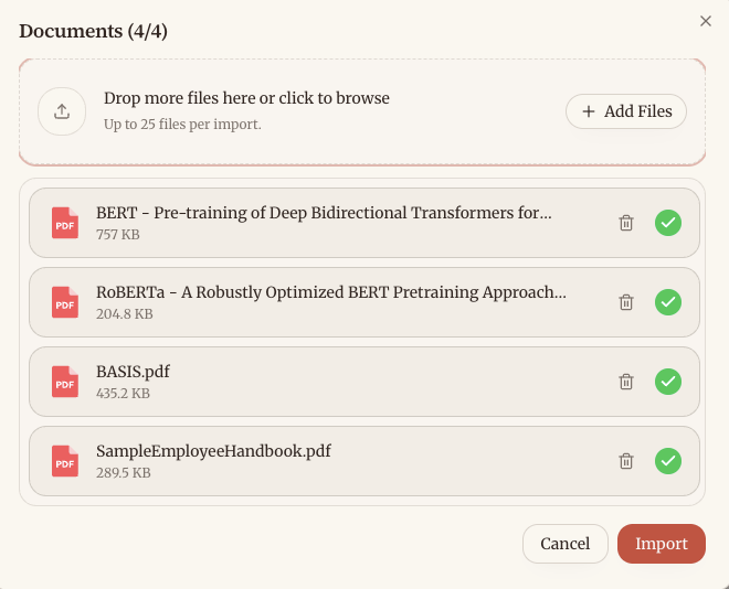 Sharper upload dialog showing four PDFs: BERT, RoBERTa, BASIS, and SampleEmployeeHandbook