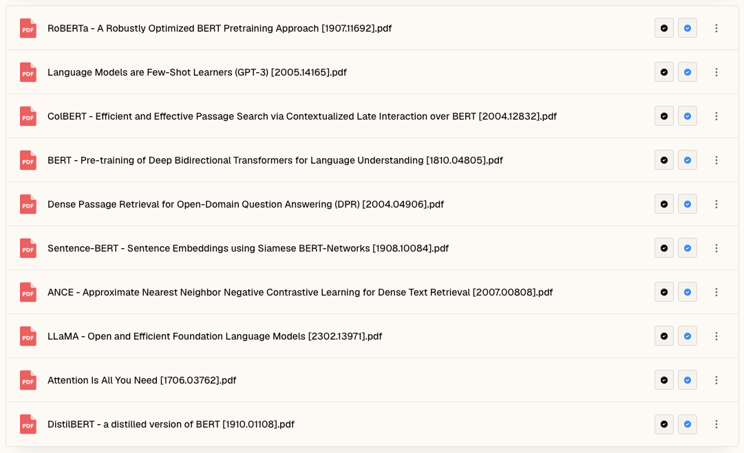 Sharper documents view listing ten uploaded research papers, including Attention Is All You Need, BERT, RoBERTa, GPT-3, LLaMA, DPR, ColBERT, ANCE, DistilBERT, and Sentence-BERT