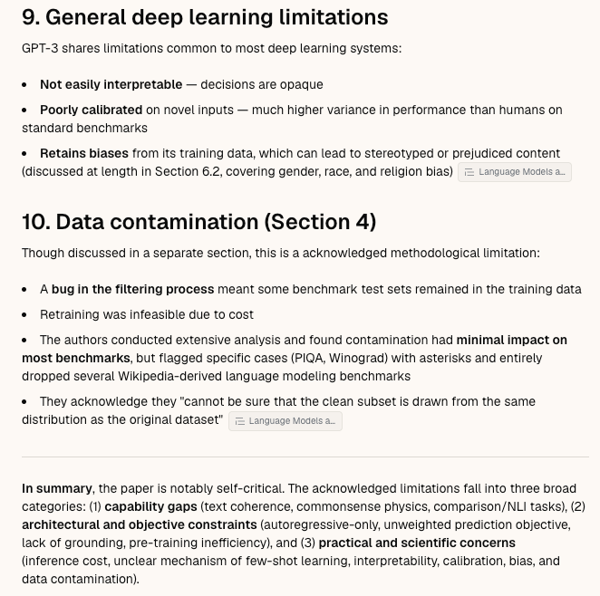 Sharper listing the limitations the GPT-3 paper acknowledges - capability gaps, architectural constraints, bias, and data contamination - grouped and cited to the source