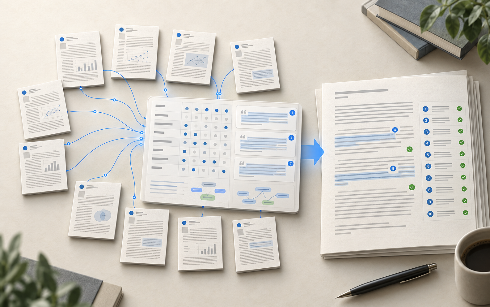 Ten research papers connected to an AI comparison workspace and a literature review with source-linked citations