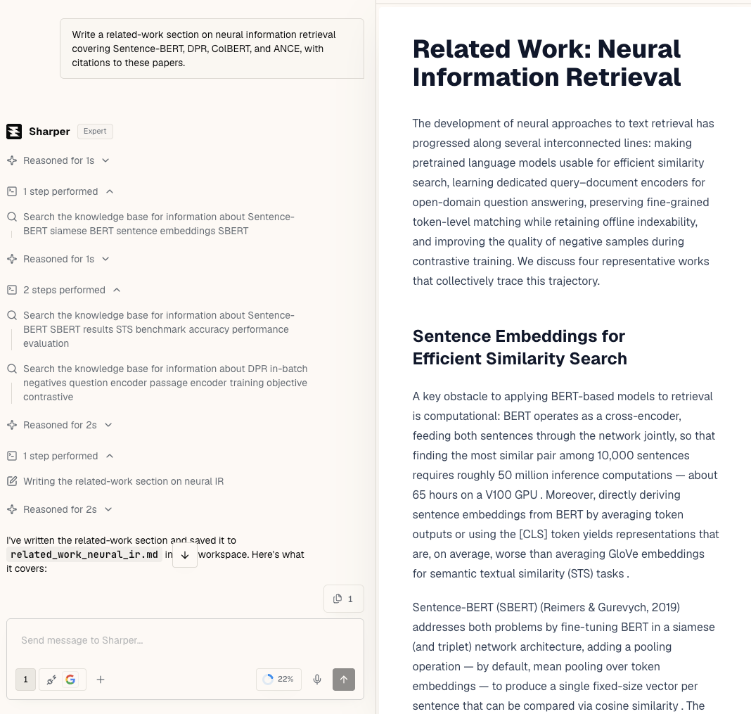 Sharper's generated related-work section on neural information retrieval, structured with an overview and per-method paragraphs, saved as a document with inline citations