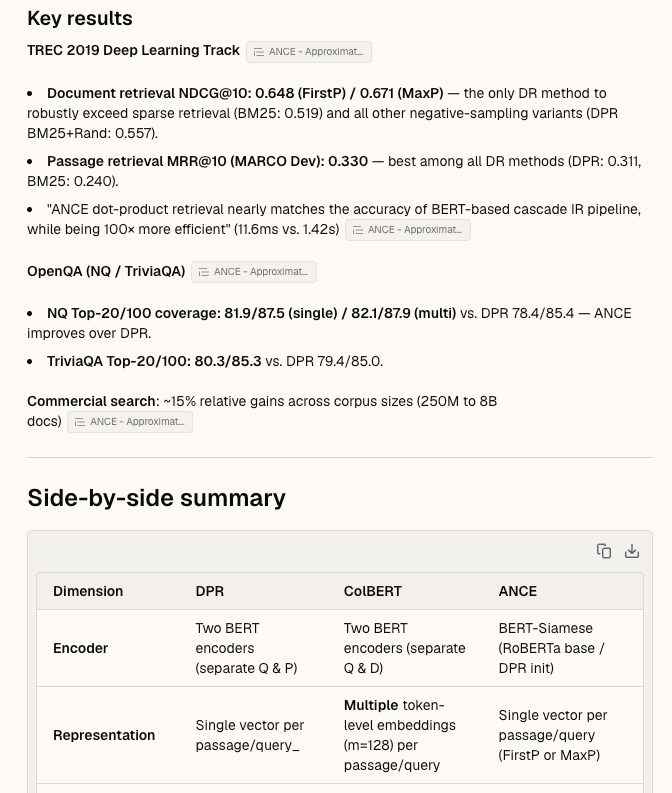 Sharper comparing DPR, ColBERT, and ANCE in a side-by-side table of encoder, representation, and benchmark results, with cited figures
