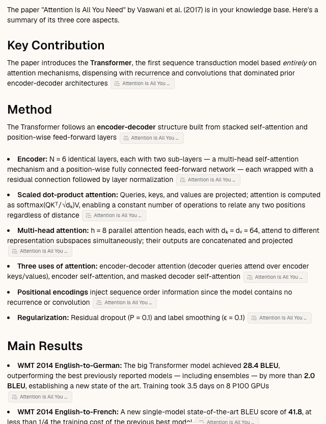 Sharper summarizing Attention Is All You Need into key contribution, method, and main results, with inline source citations on each point