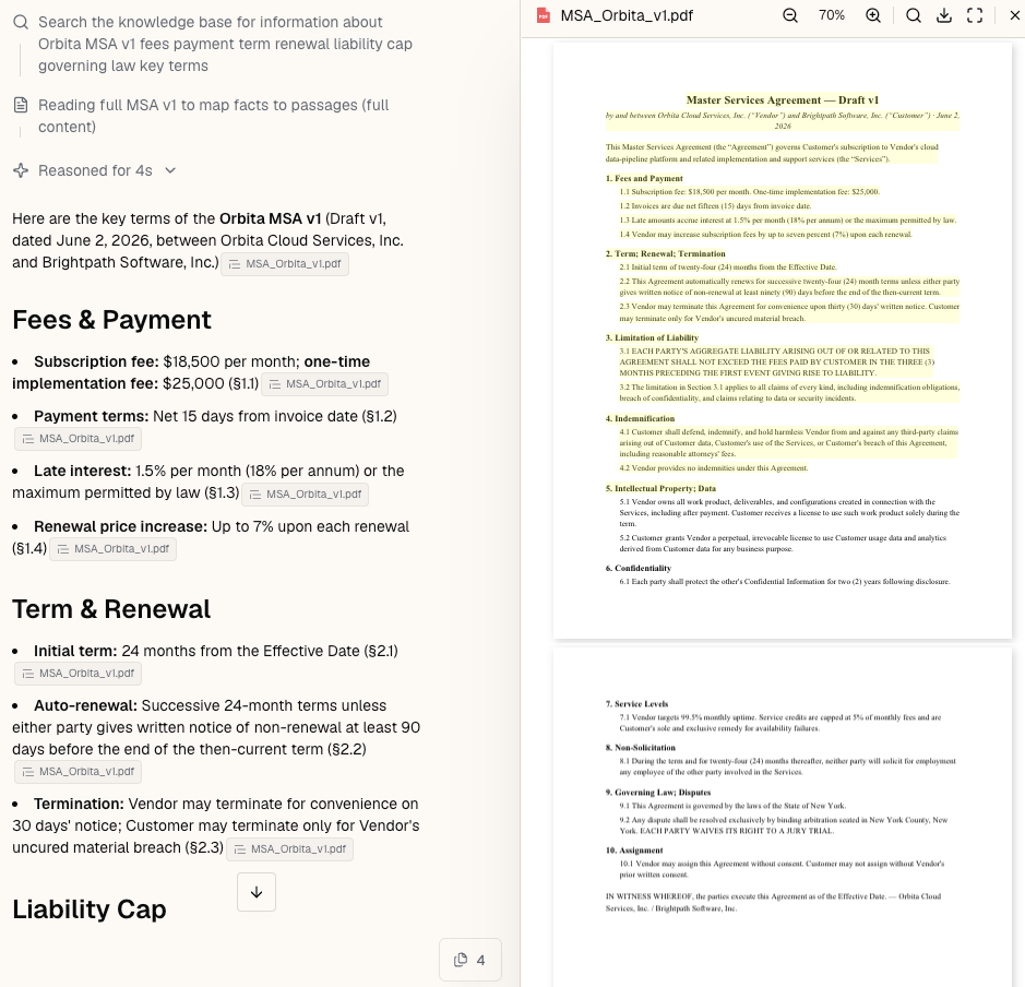 Sharper extracting the Orbita MSA v1 key terms - fees, payment, term, renewal - each with a section-level citation, with the source contract open and highlighted beside the answer