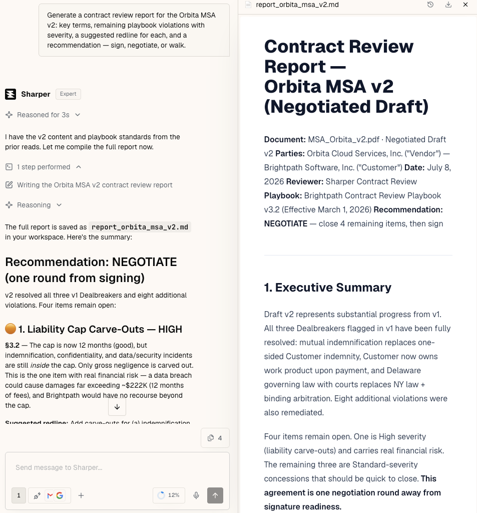 Sharper's generated contract review report for MSA v2 with a NEGOTIATE recommendation, a high-severity liability carve-out finding quantified at roughly $222K of exposure, and suggested redline language, saved as a document