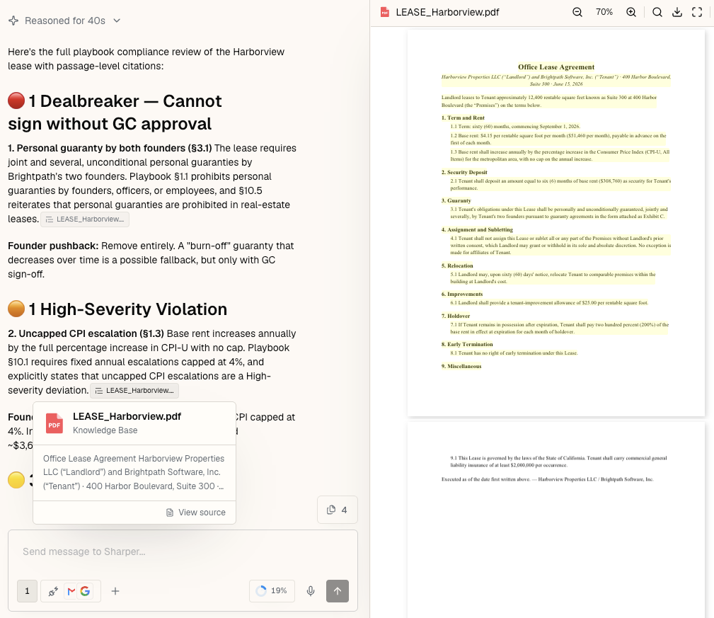 Sharper reviewing the office lease against the playbook, flagging a personal guaranty by both founders as a dealbreaker with suggested pushback, and uncapped CPI escalation as a high-severity violation, with a citation card pointing to the source lease