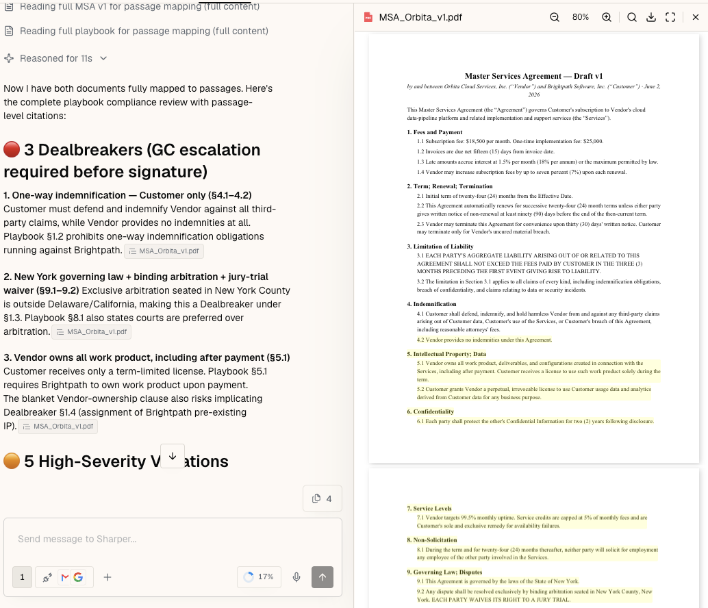 Sharper's playbook compliance review of the MSA flagging three dealbreakers requiring GC escalation - one-way indemnification, New York arbitration, and vendor ownership of work product - each citing both the contract clause and the playbook rule