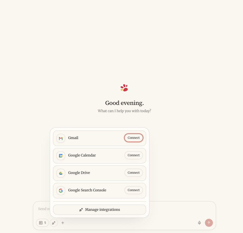 Sharper integrations menu showing Gmail with a Connect button