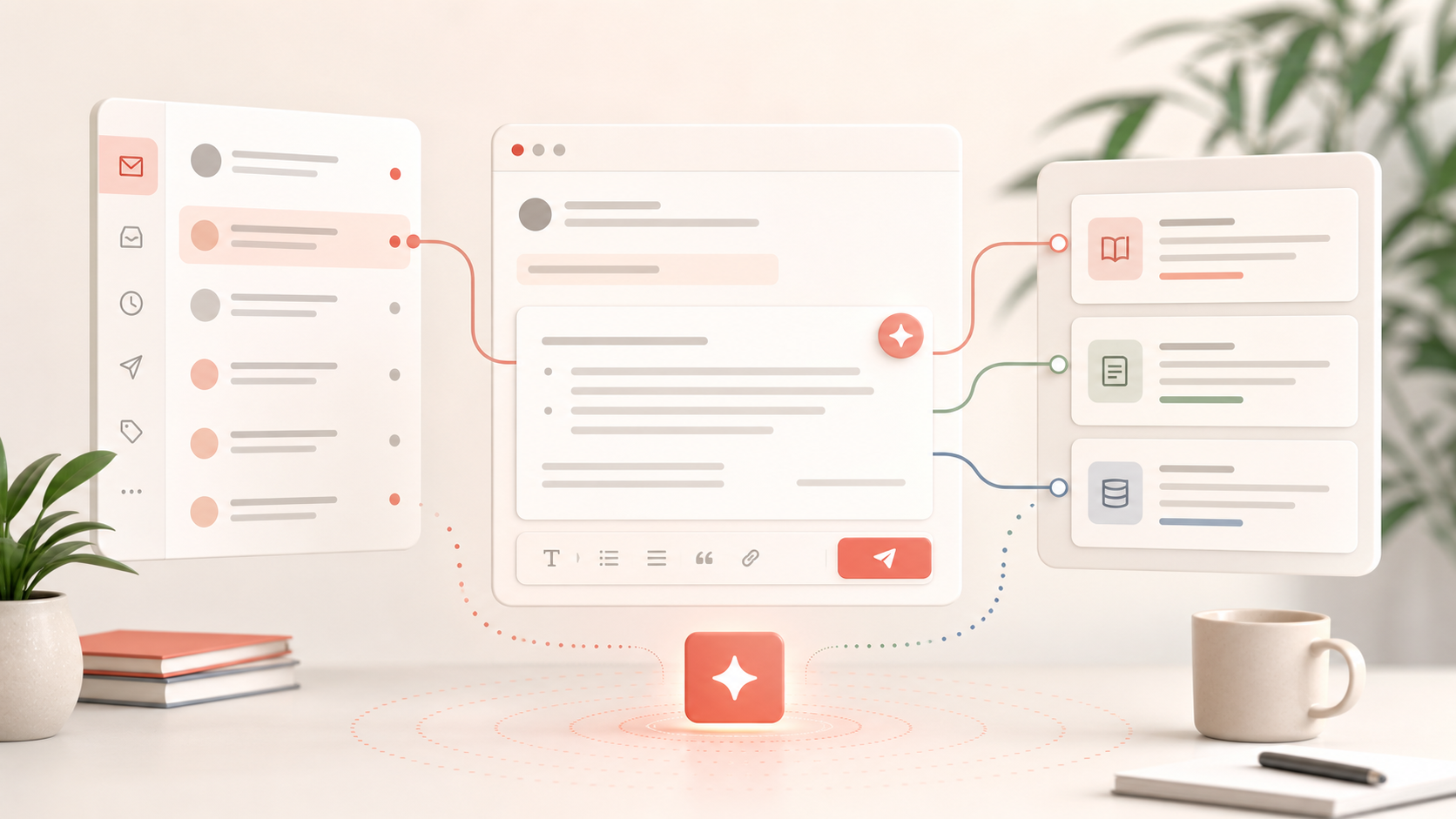 AI-assisted email triage workflow connecting an inbox, a draft reply, and knowledge base sources