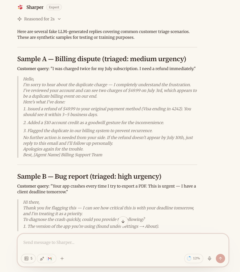 Sharper showing fake LLM-generated replies for common customer triage scenarios