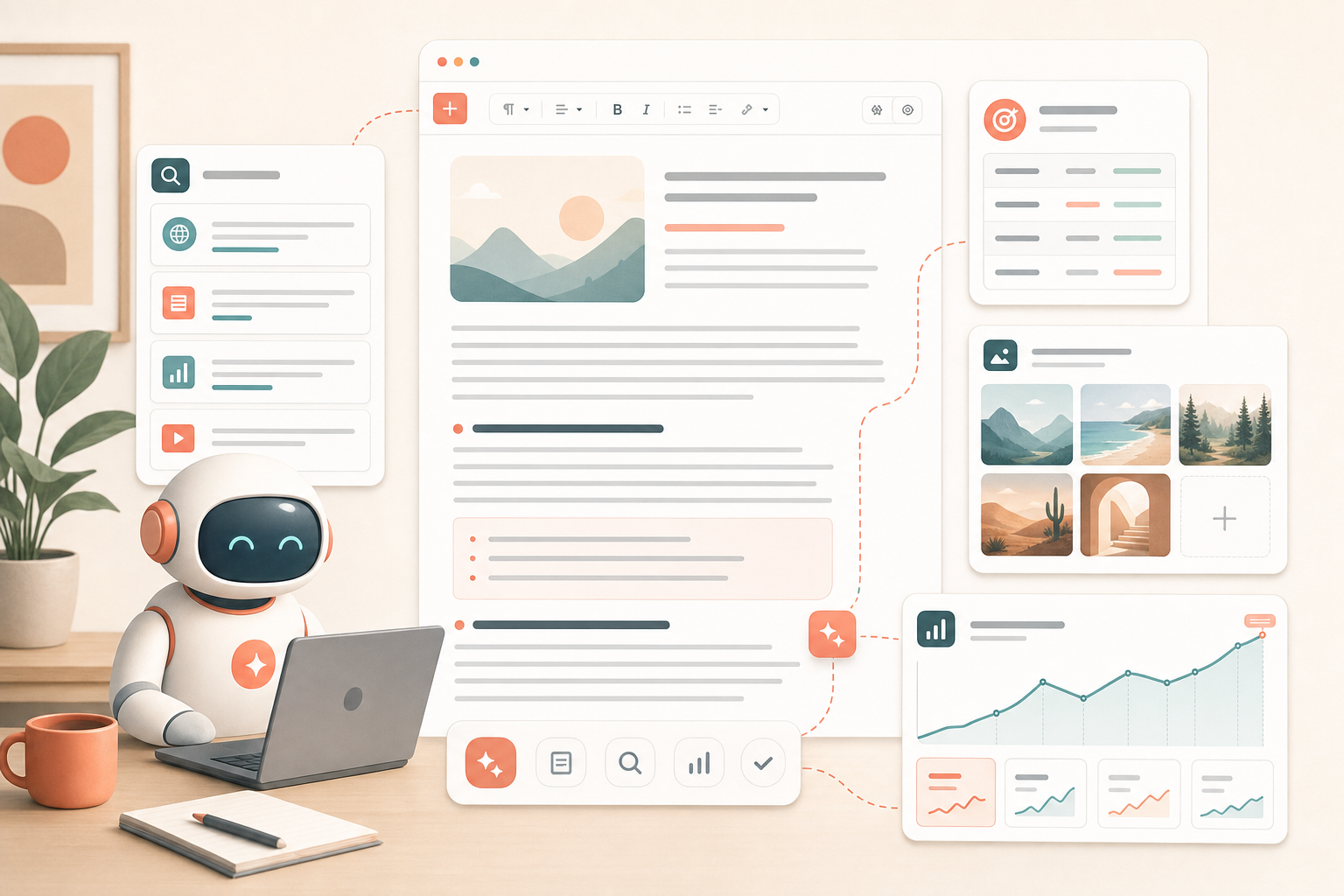 An AI composing a marketing blog post from web research and images, with an upward search-traffic trend