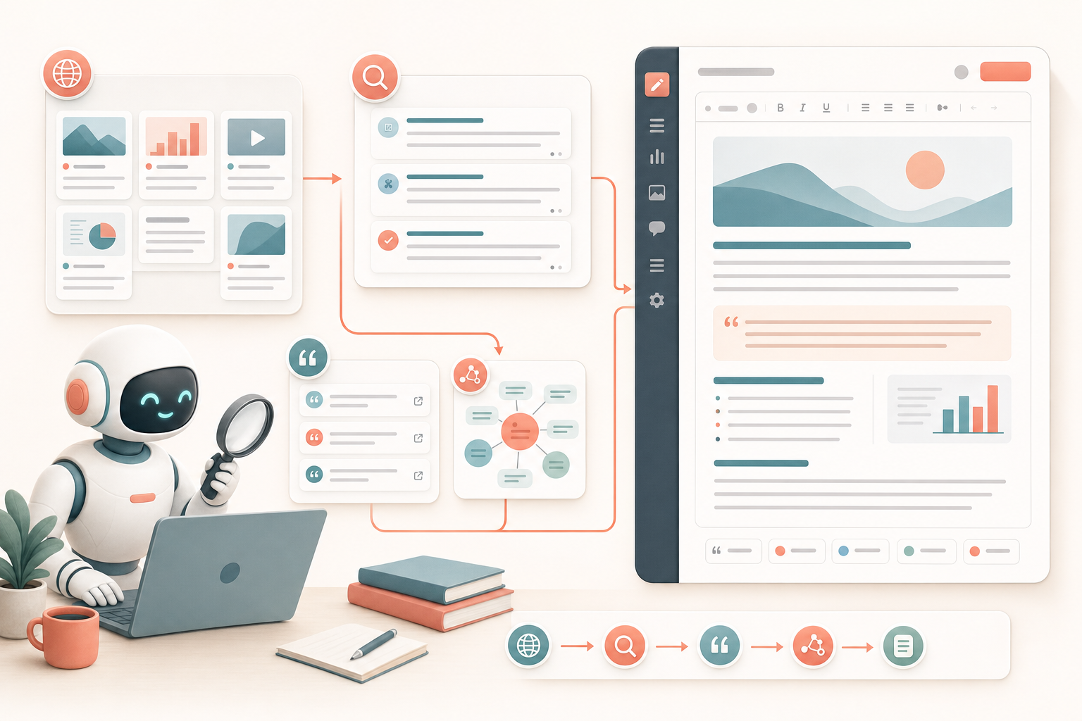 Web search results and sources flowing into a structured first-draft article