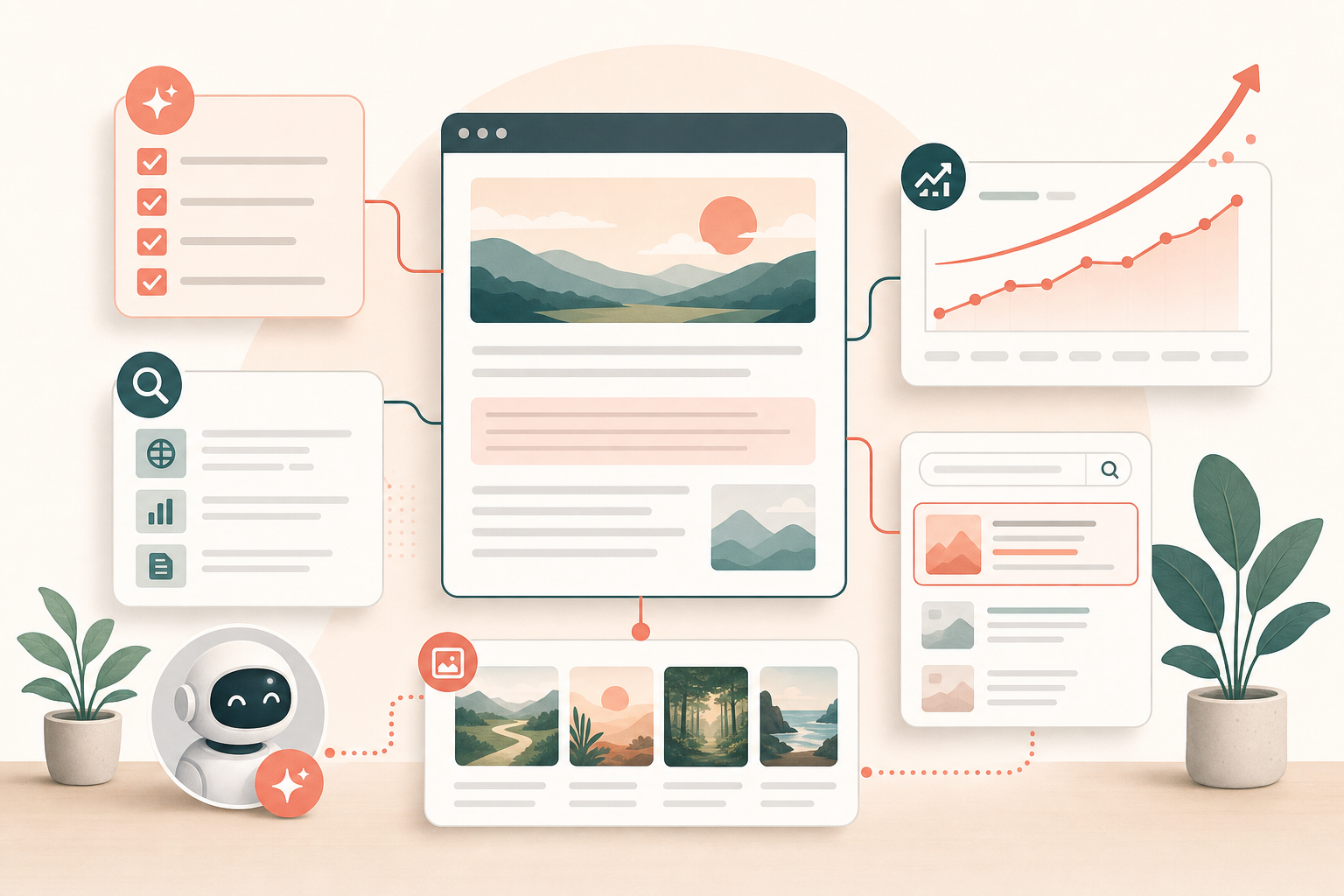 An upward-trending organic search traffic chart growing from a published article